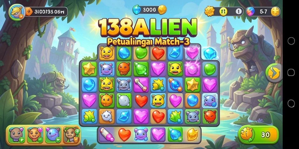 Tampilan gameplay Match-3 di 138ALIEN dengan batu berwarna-warni.