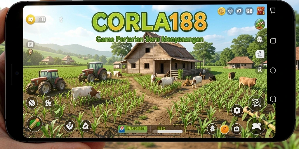 Screenshot gameplay CORLA188 menunjukkan waktu panen yang menyenangkan dan interaksi hewan ternak.