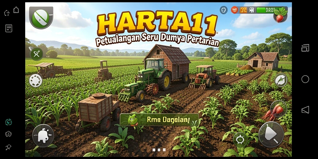 Screenshot gameplay HARTA11 menampilkan aktivitas seru bercocok tanam dan panen.