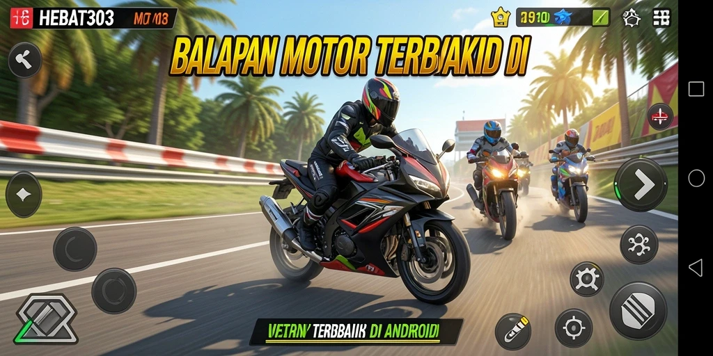 Screenshot utama HEBAT303 menampilkan balapan motor yang mendebarkan dan penuh aksi.