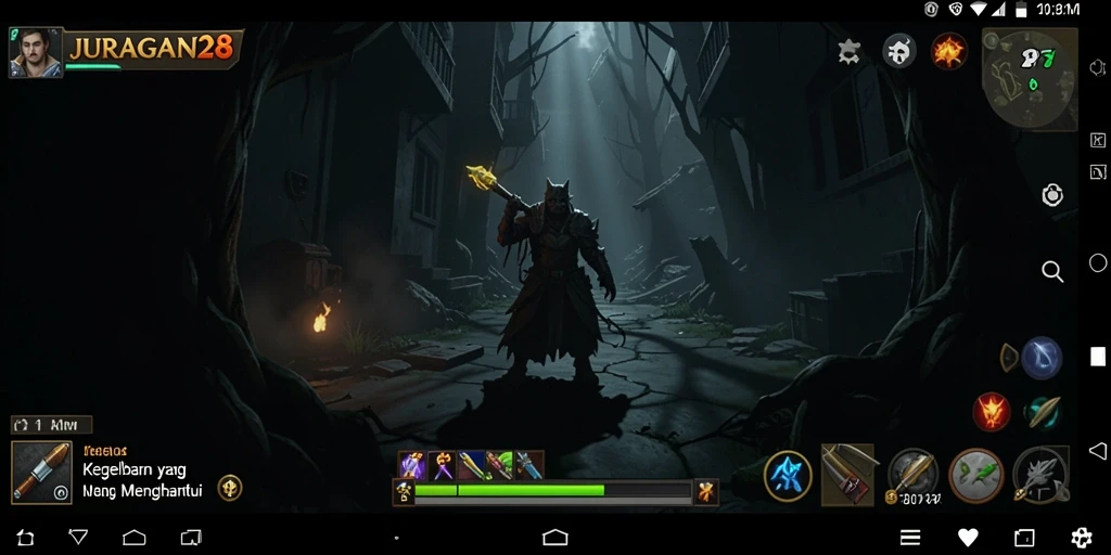 Tangkapan layar utama JURAGAN28 menampilkan suasana mencekam dan gameplay yang menarik.