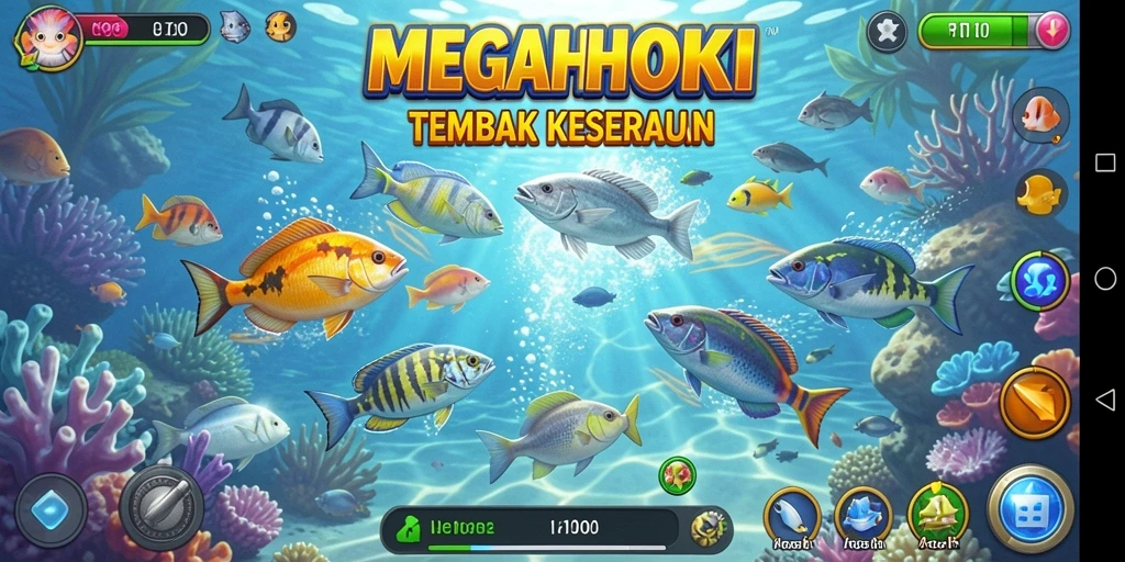 Screenshot utama MEGAHOKI dengan gameplay menembak ikan.