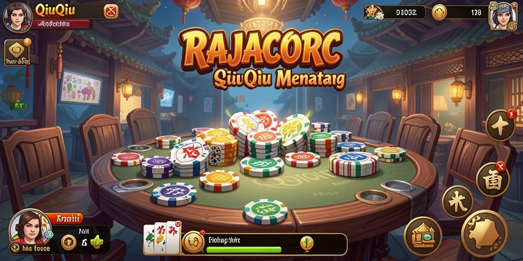 Tampilan gameplay seru RAJACORC dengan kartu-kartu QiuQiu.